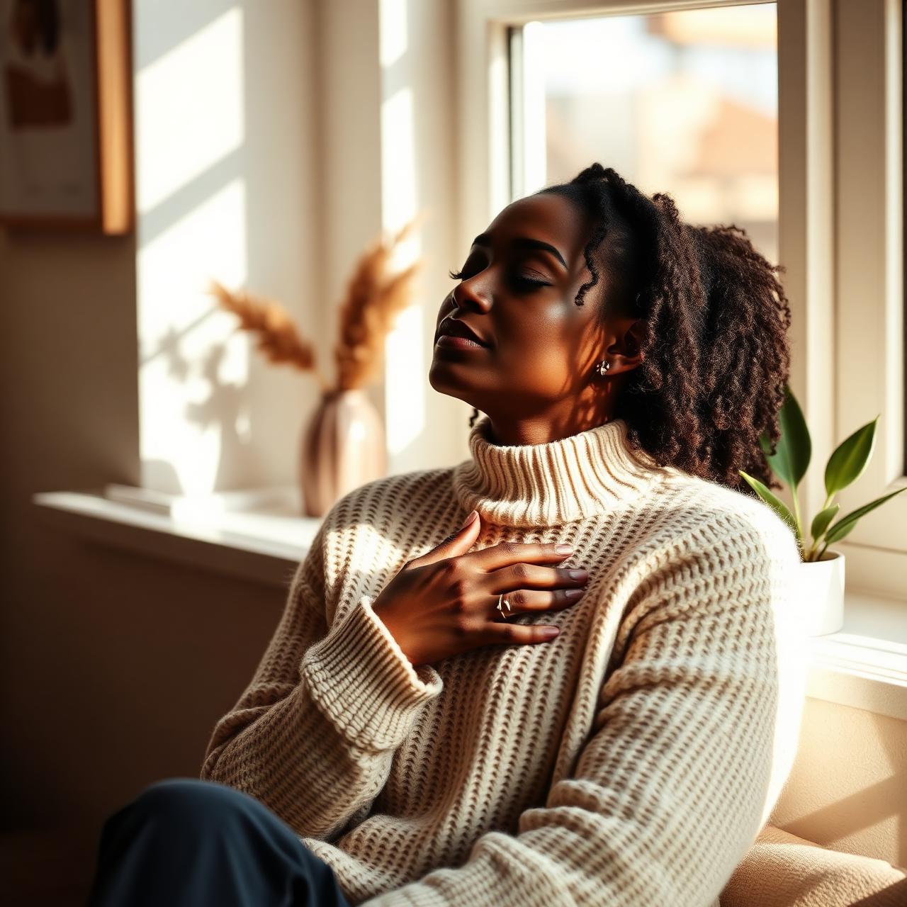 A woman pauses with her hand to her chest — the deeper reset of Rekindle coaching